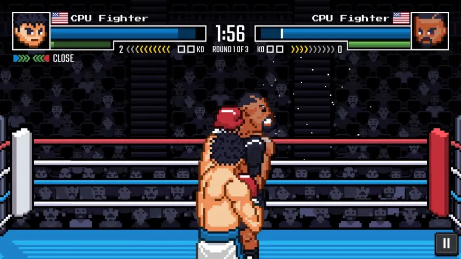 Schermata di Prizefighters 2: incontro di pugilato in pixel art con le barre di energia e resistenza dei due pugili, il cronometro del round e l'indicatore di distanza in alto.